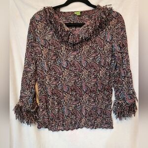 Crinkle Stretch Top Blouse Confetti Fringe Paisley  BOUTIQUE CHIC Fabulous Small